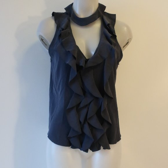 Womens ROI Navy Blue Le Ruffle Keyhole High Neck Halter Blouse Top S * - Picture 1 of 9